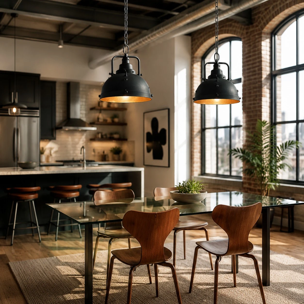 Distressed black dome pendant lamp alternate white background view