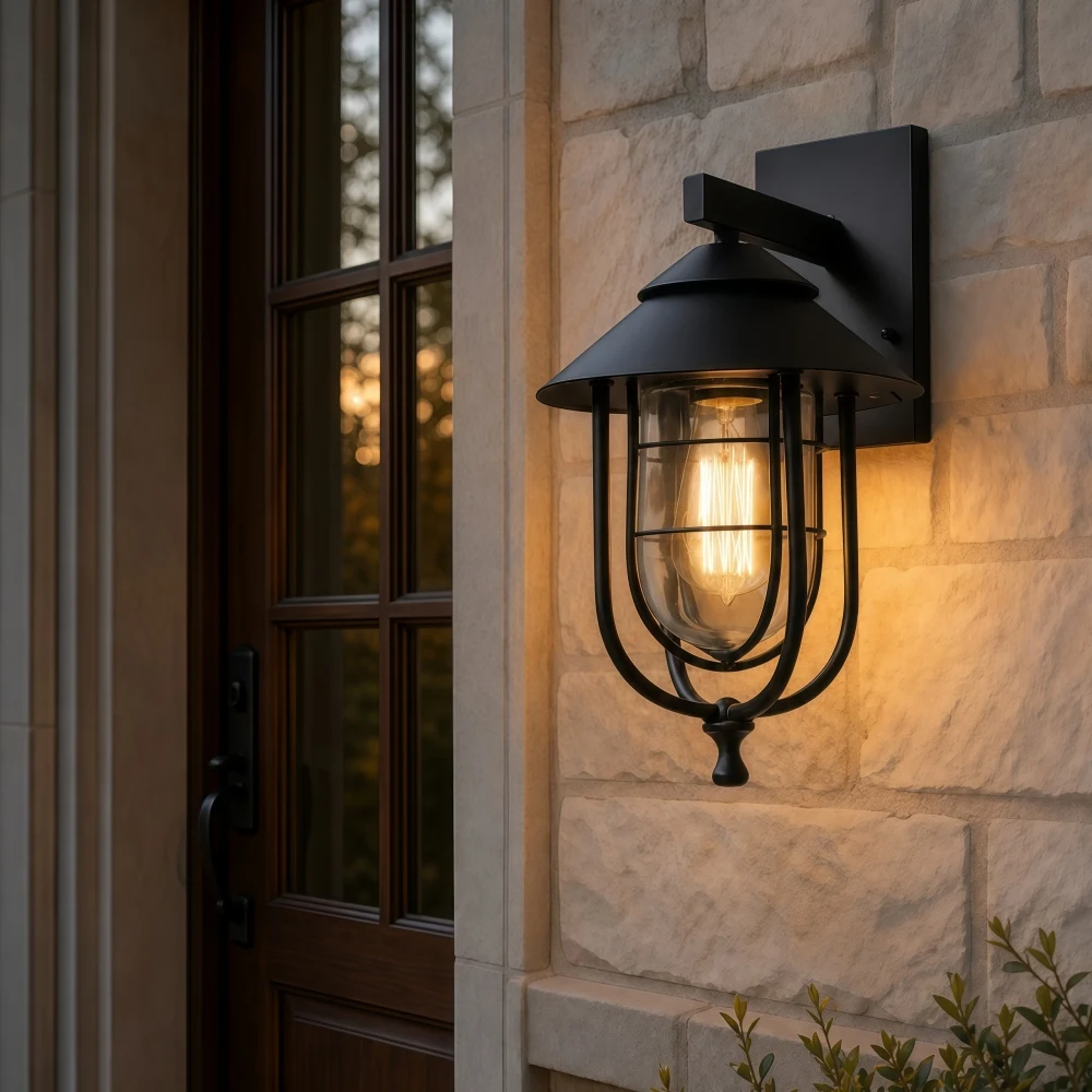 Patnox outdoor wall lantern on textured exterior wall at night