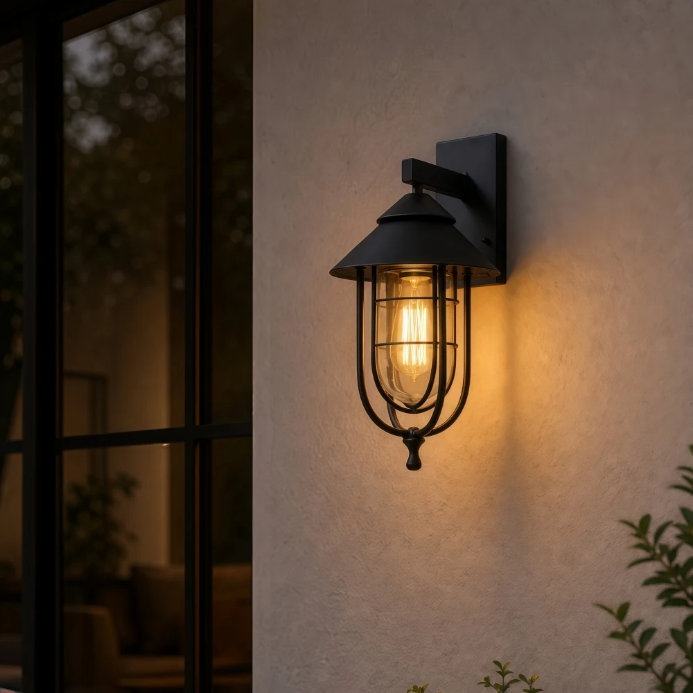 Patnox outdoor wall lantern glowing on covered exterior wall