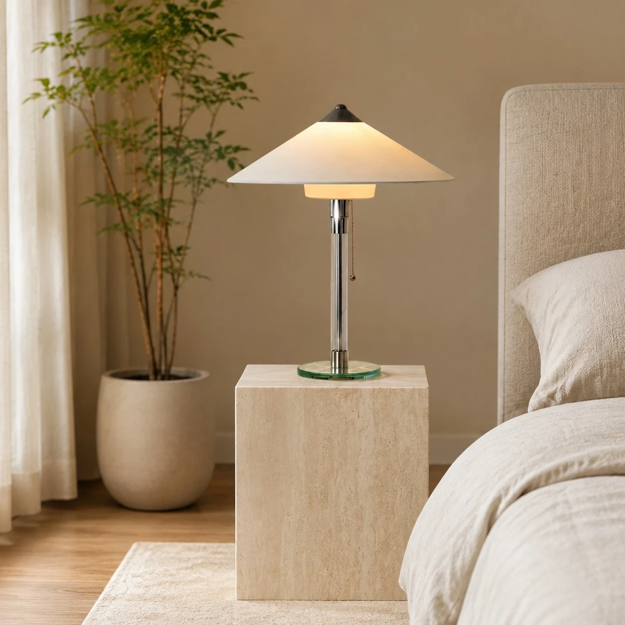 Bedside Travertine Nightstand Scene