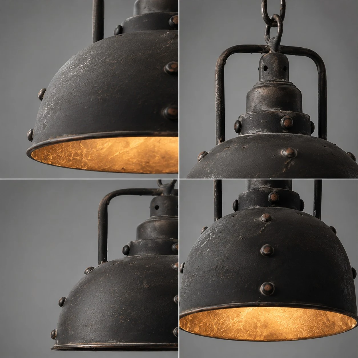 Distressed black pendant lamp material collage