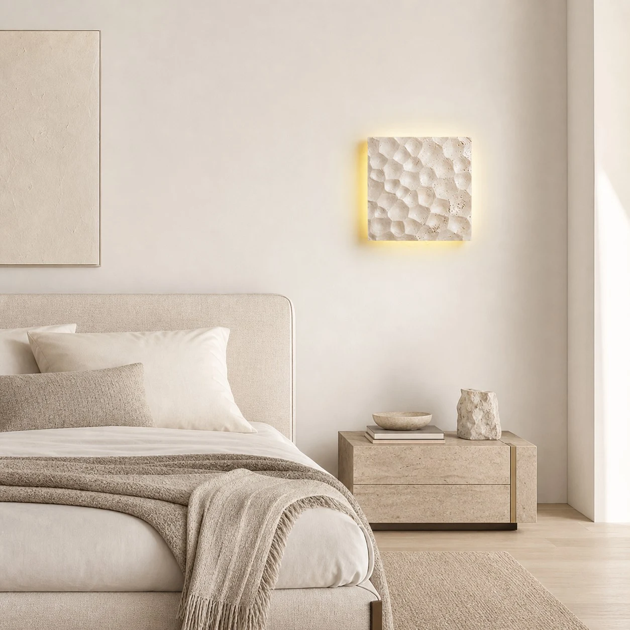 Travertine square wall light illuminating a hallway or living room wall