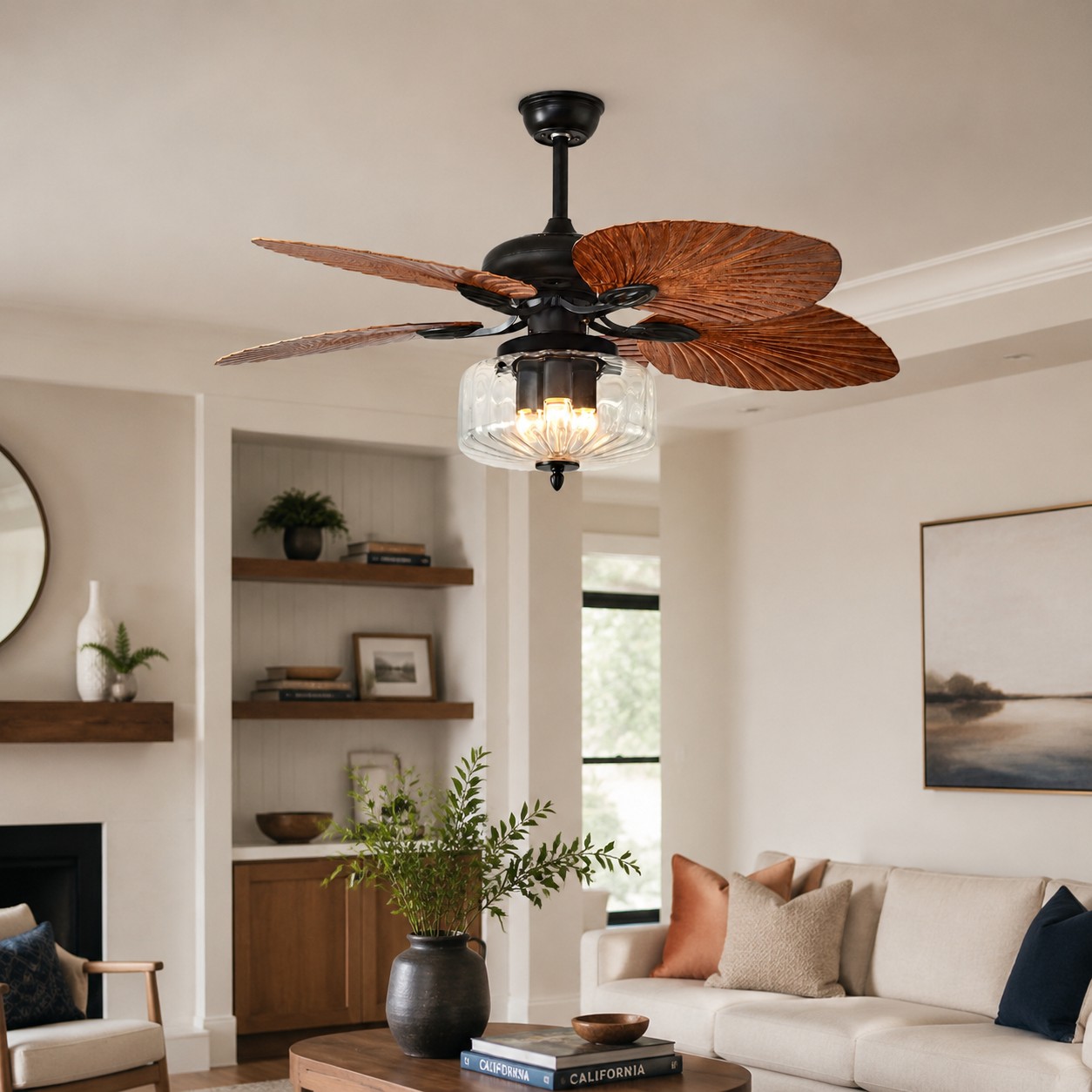 Konoha and Banana Leaf Wooden Ceiling Fan Light