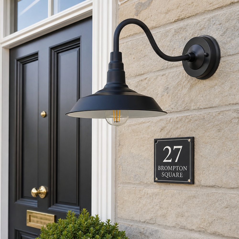 Solenvo wall lamp beside a painted entry door