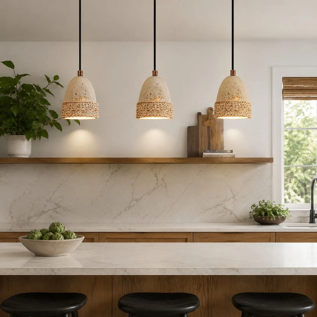 Three woven pendant lights above a kitchen counter