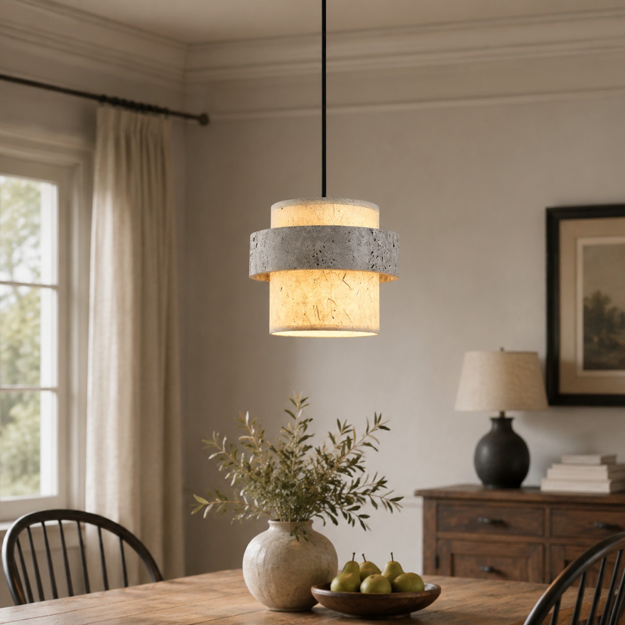 Style C gray travertine stone pendant in a dining room