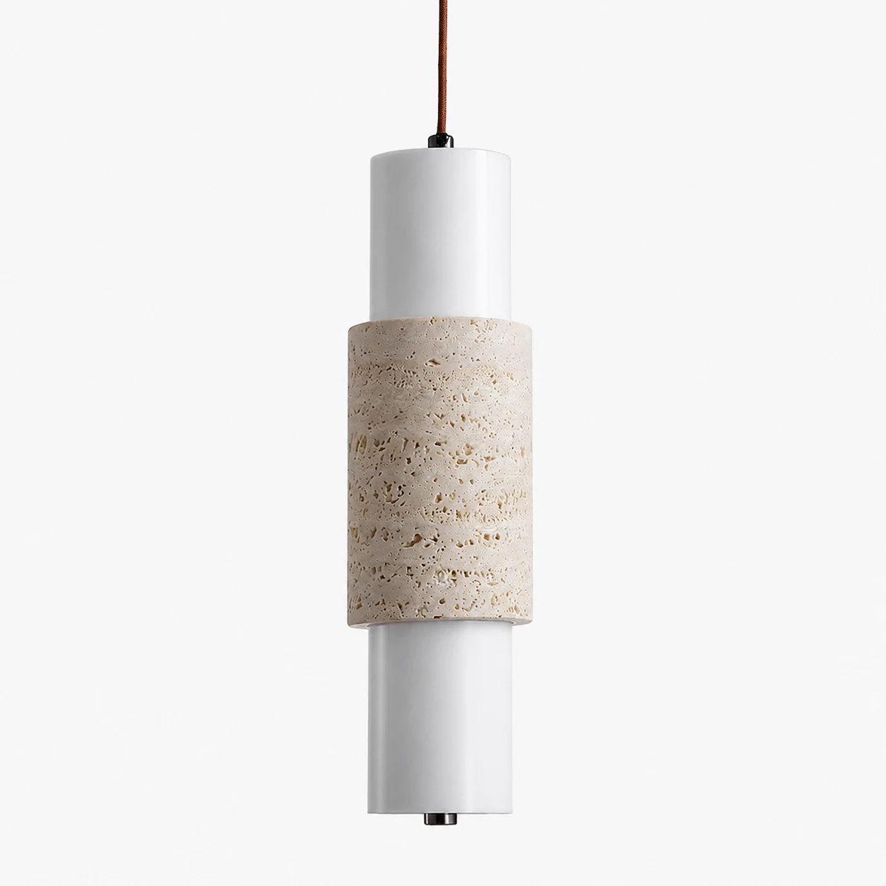 Yellow travertine pendant lamp shown unlit with white cylinder shade