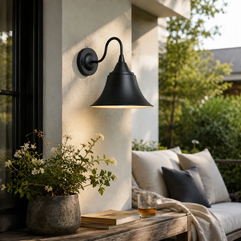 Black iron sconce on a patio wall
