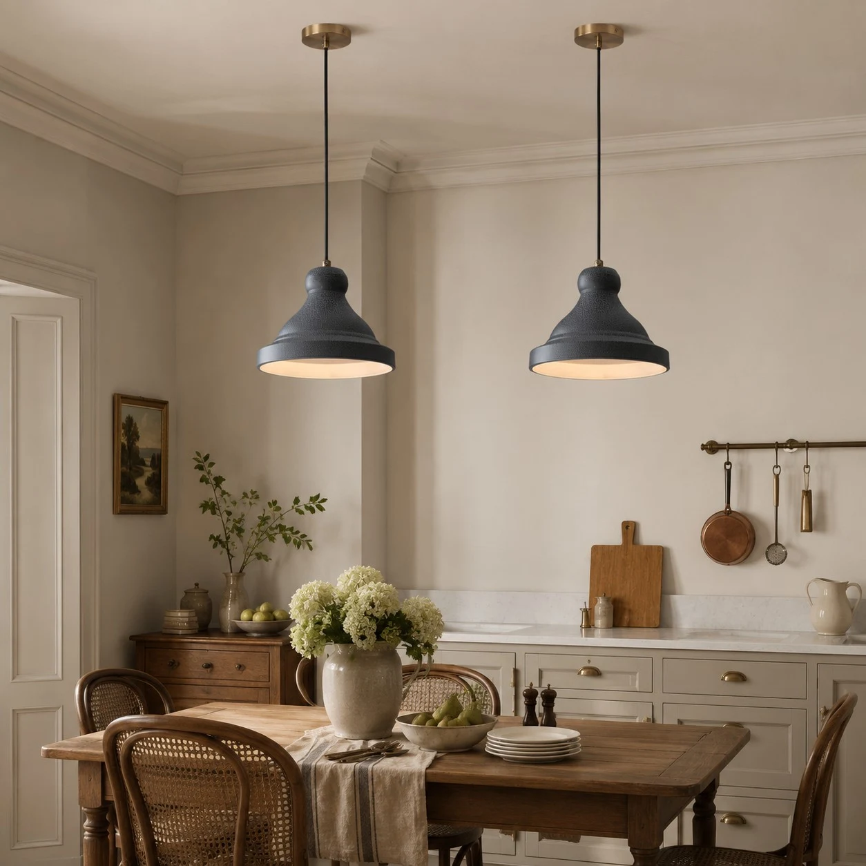Gray metal pendant lamps above a dining table scene