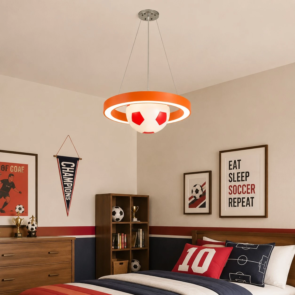 Orange soccer pendant chandelier kids room scene