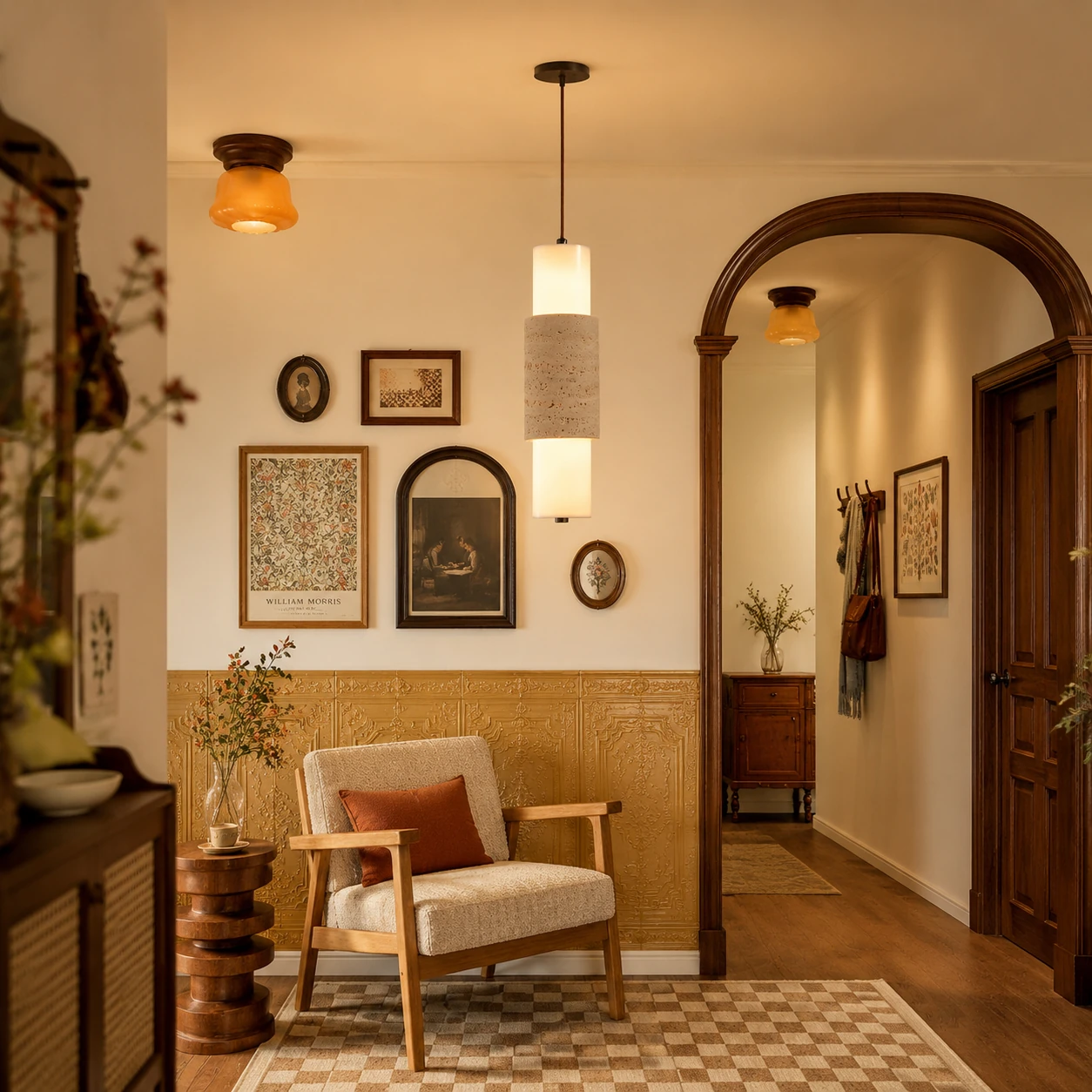 Travertine pendant lamp in a warm vintage entry and lounge space