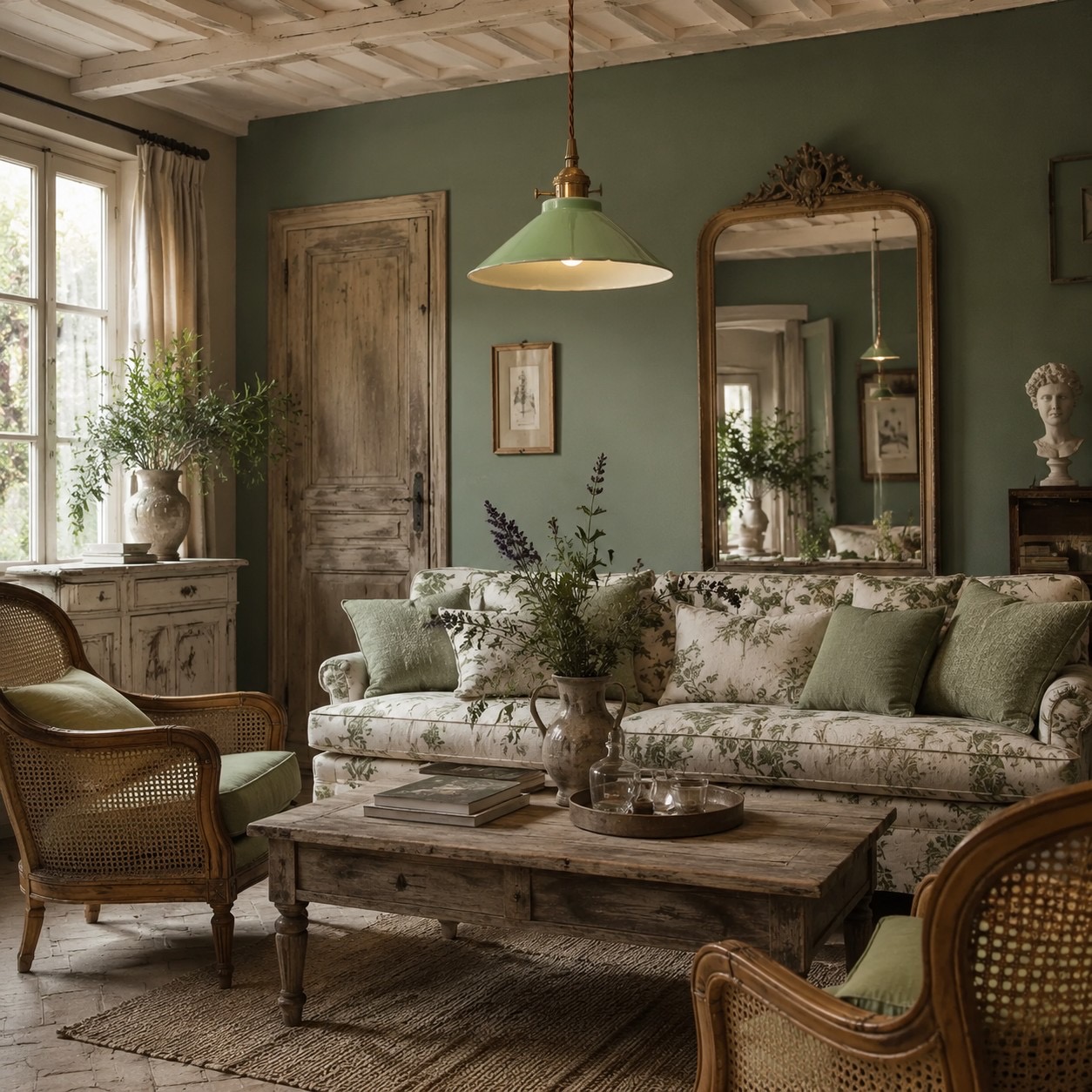 Plum green pendant light with room-scale context