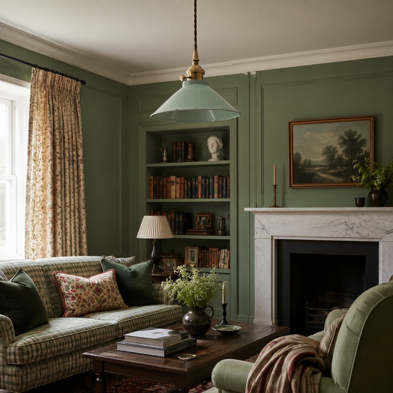 Ceramic pendant light over a layered lounge setting