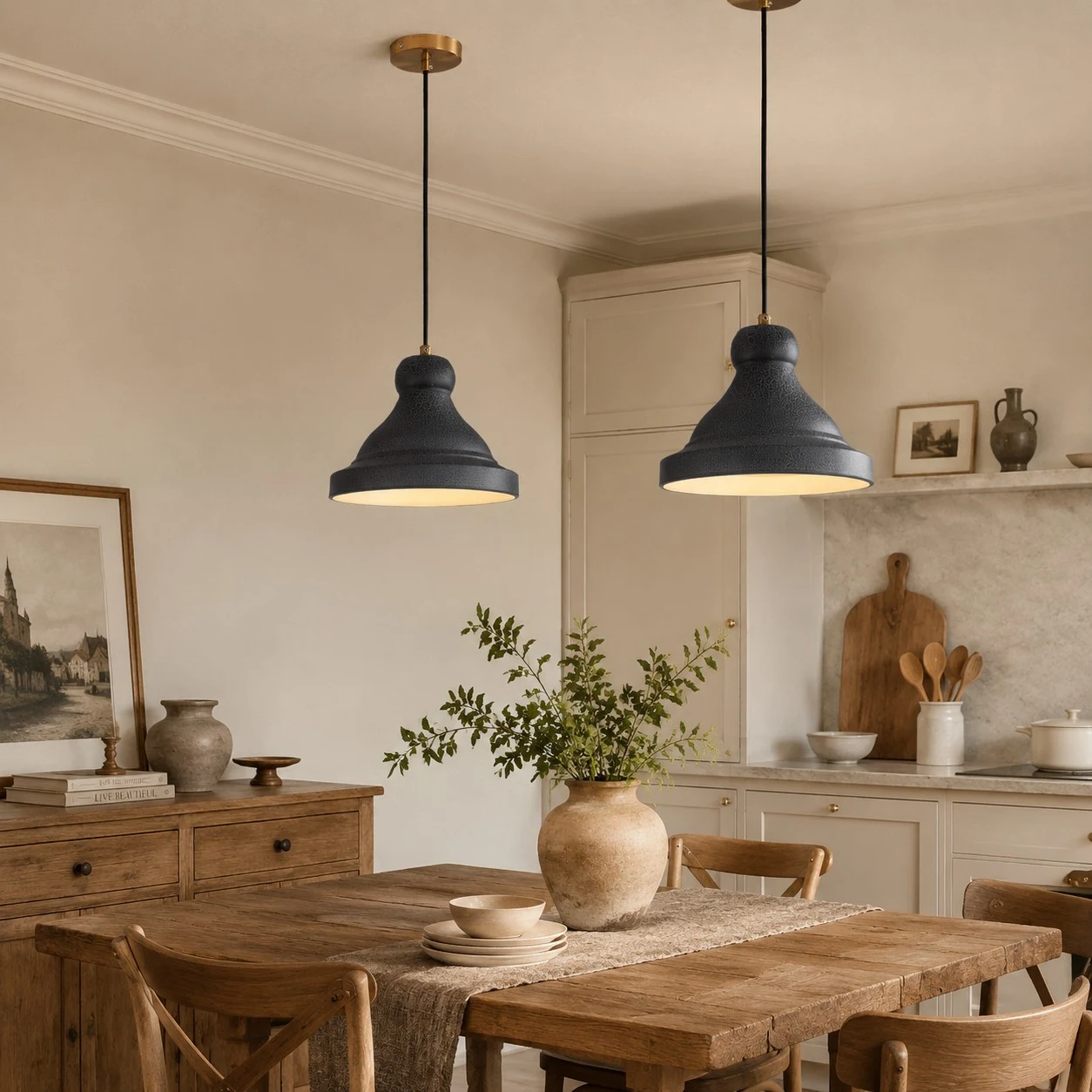 Gray metal pendant lamps in a rustic dining room scene