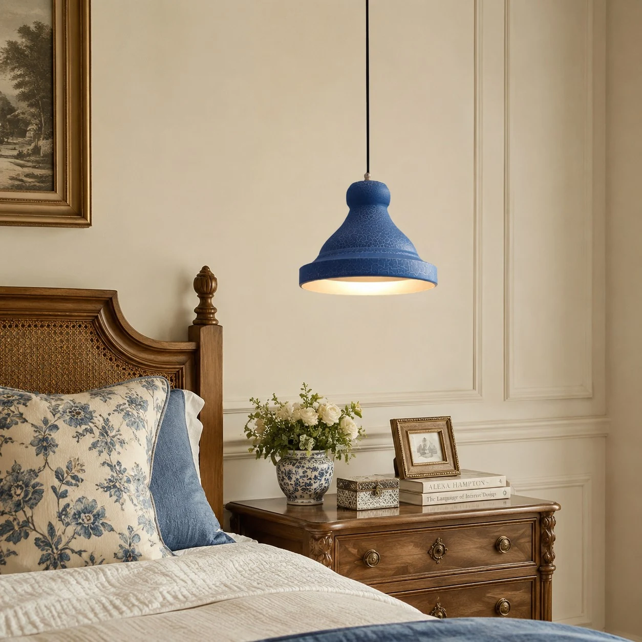 Blue metal pendant lamp beside a bedroom scene