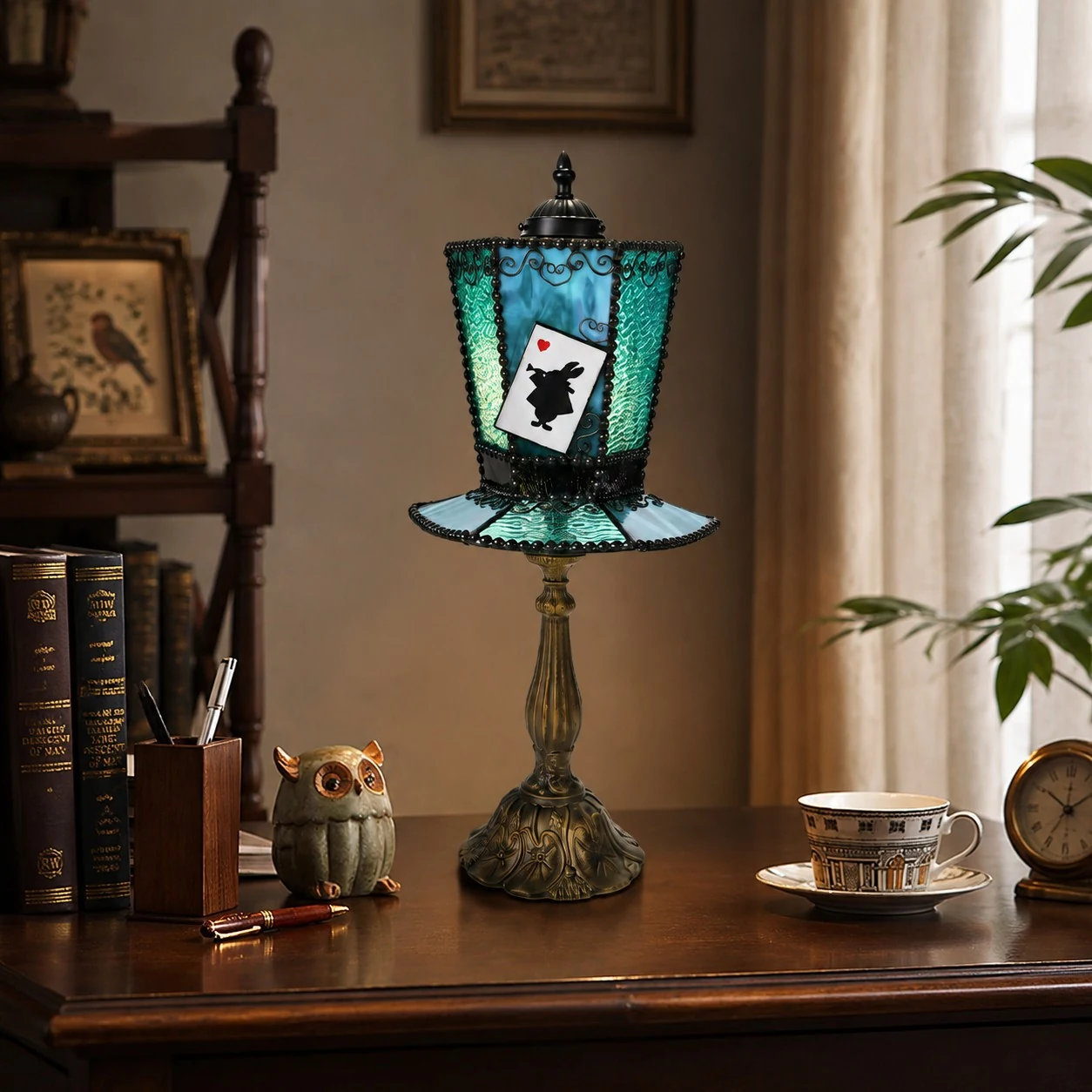 Aqua blue table lamp on desk scene