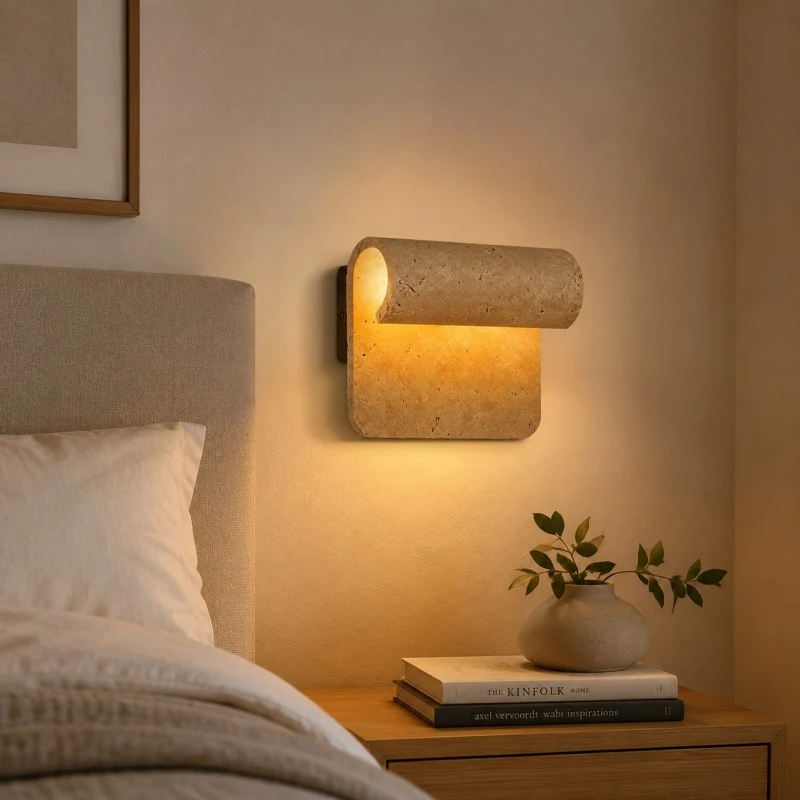 Travertine wall sconce beside bed