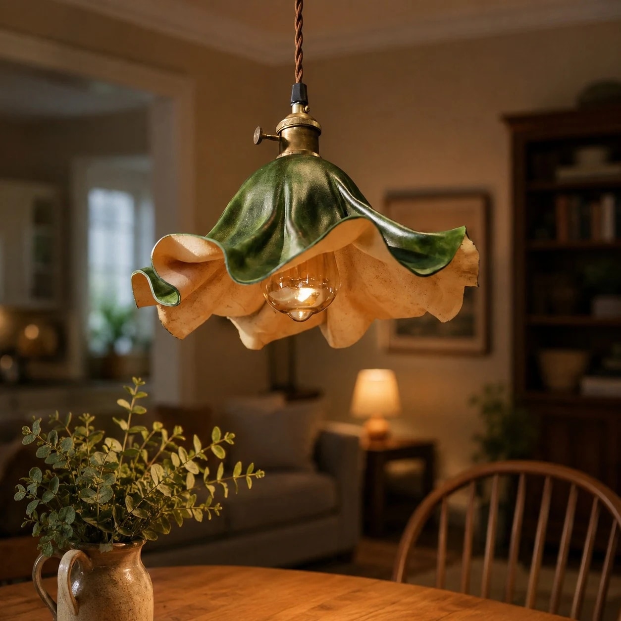 Dark green leather pendant light above a dining table