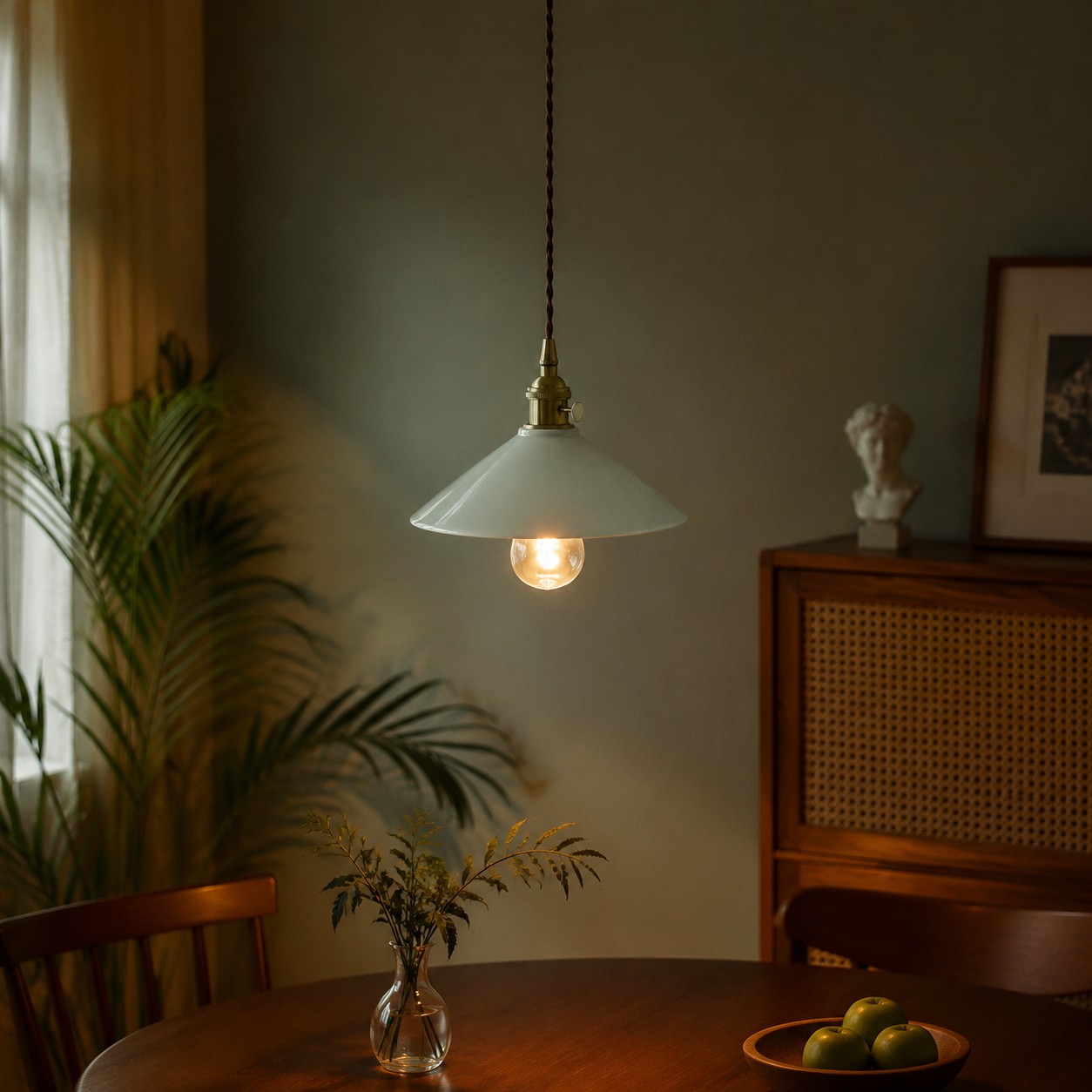 Ceramic pendant light in an indoor dining setting