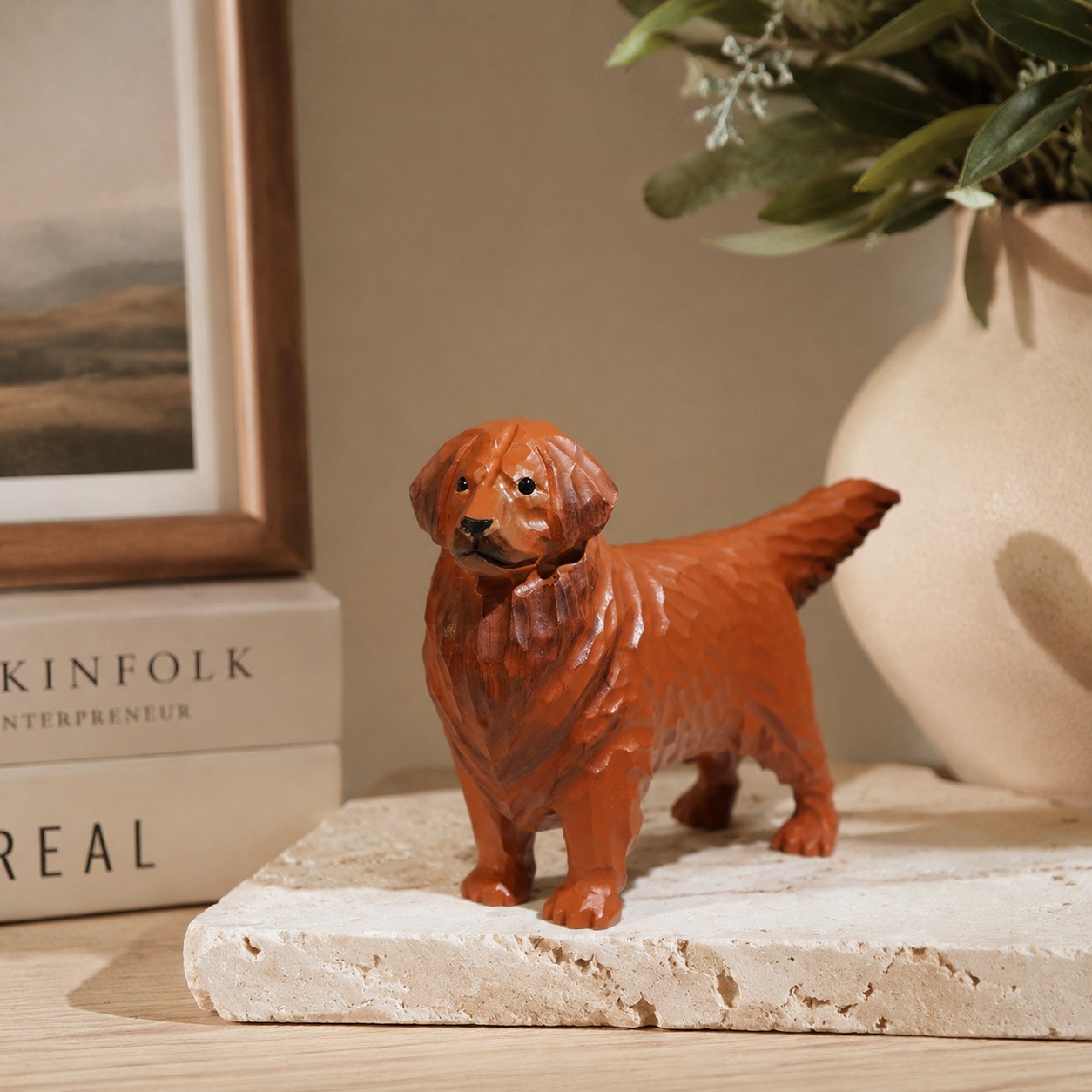 Warm brown dog ornament on stone display surface