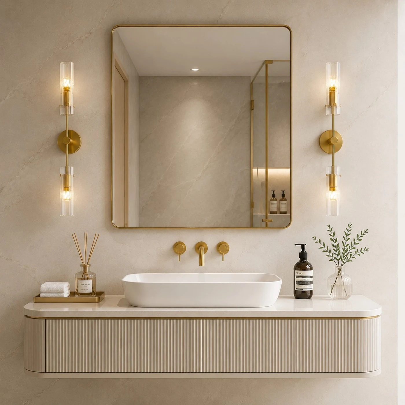 Copper two-head alabaster wall sconces warming a modern vanity