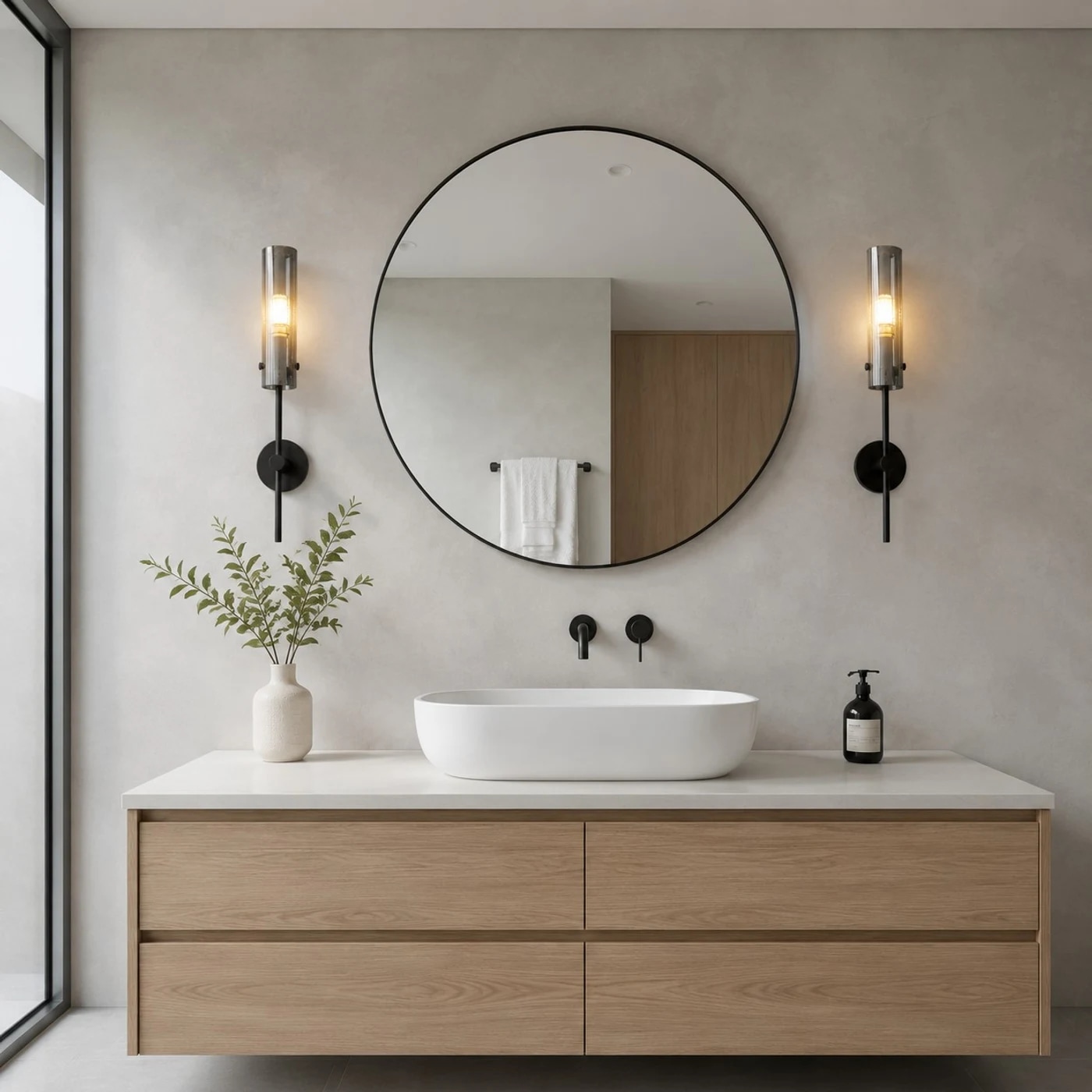 Black copper alabaster wall sconces installed beside a round bathroom mirror