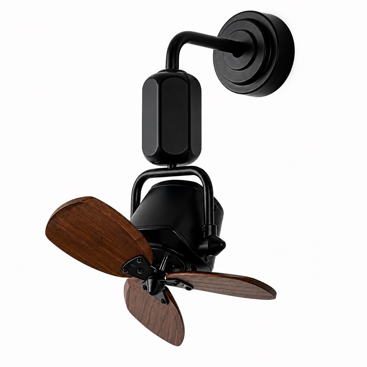 Adjustable compact fan in black with dark wood grain blades