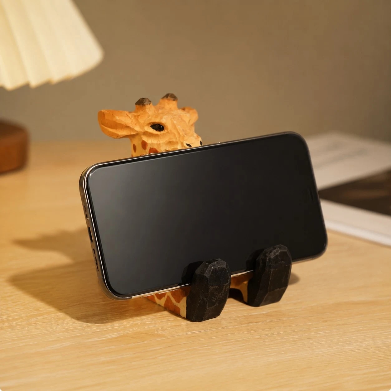 Wooden animal phone stand scene view