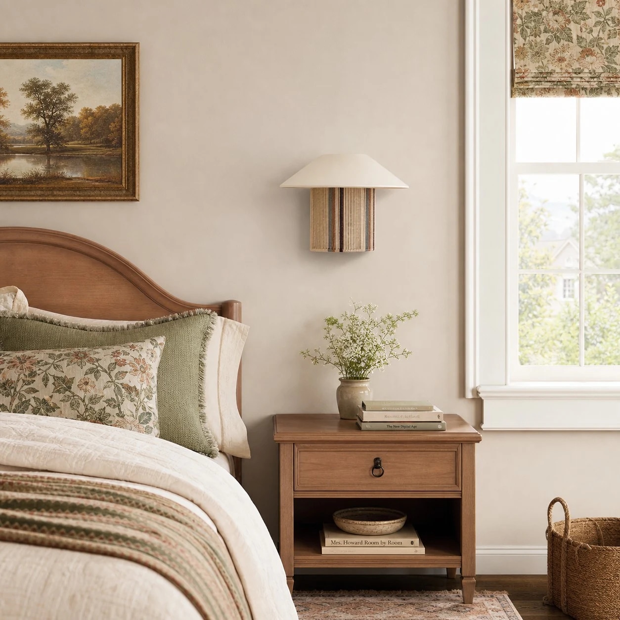 Woven wall sconce bedroom scene