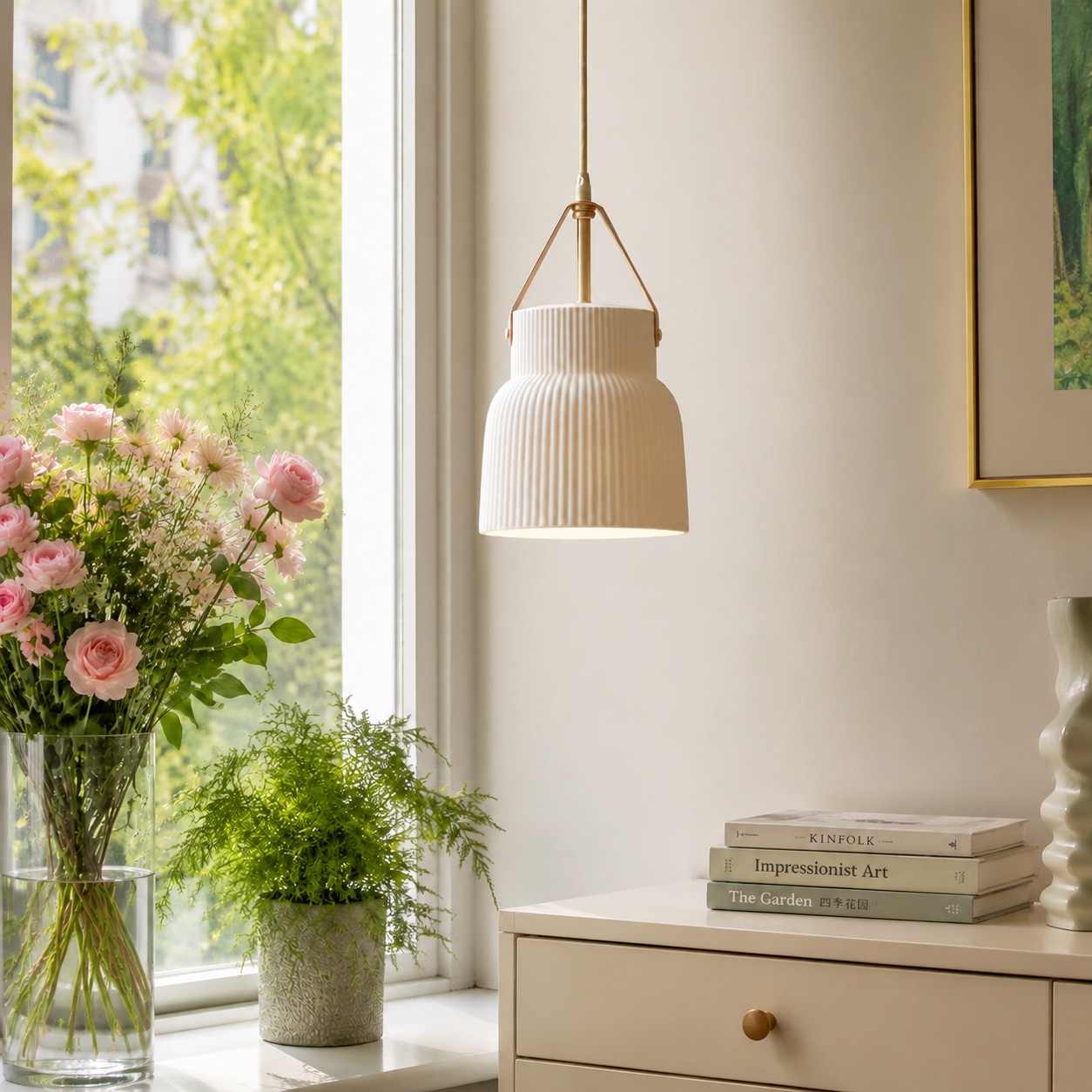 Ceramic brass pendant light in warm interior