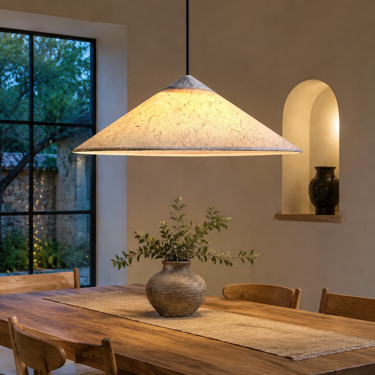 paper shade pendant light dining room scene
