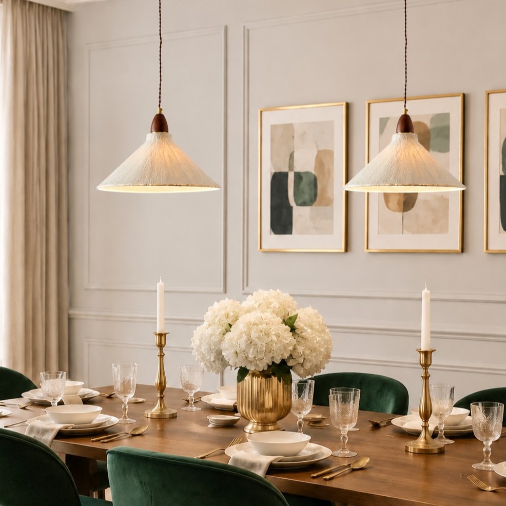 Conical rice paper pendant lights in a dining room