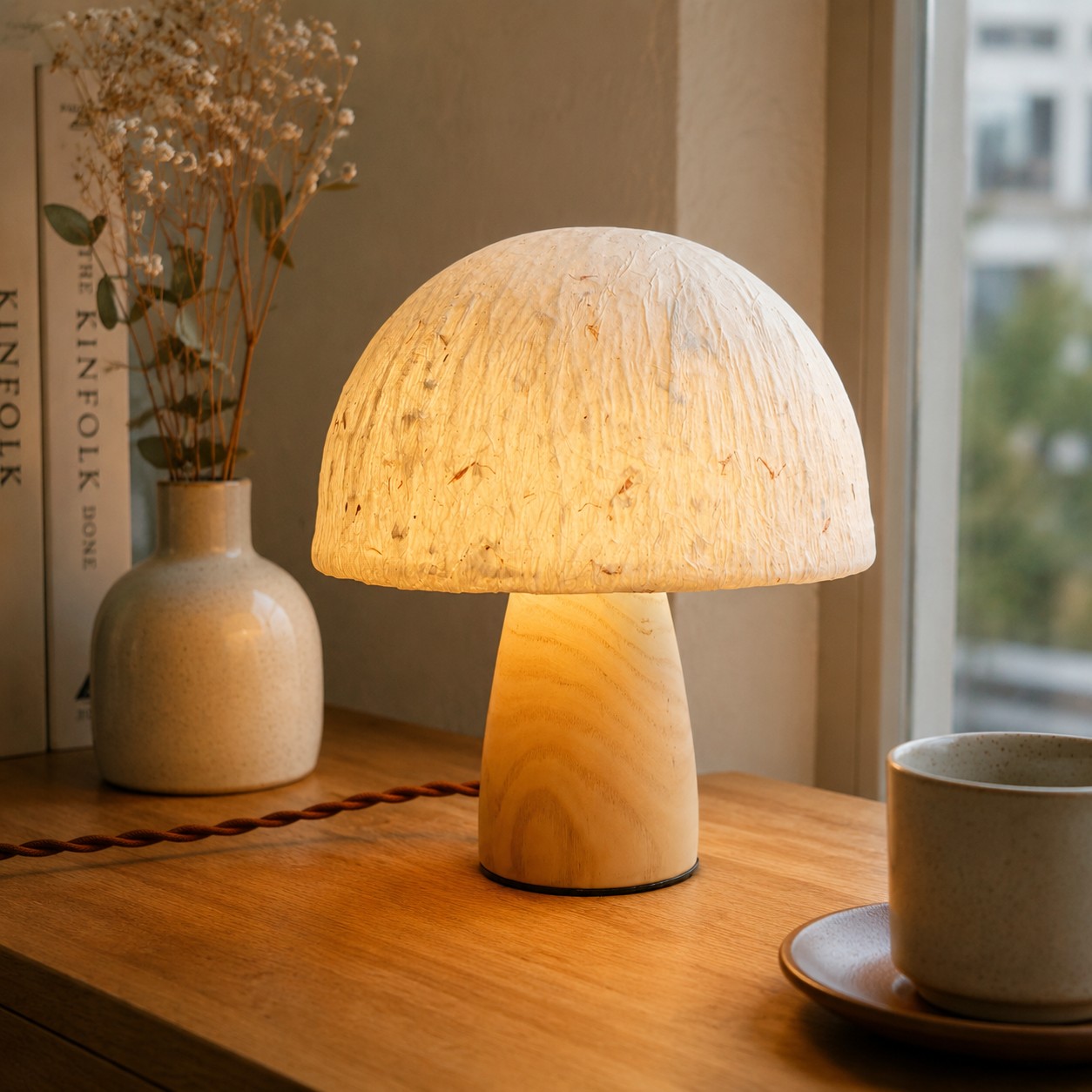Mushroom table lamp on a warm wooden surface near a window
