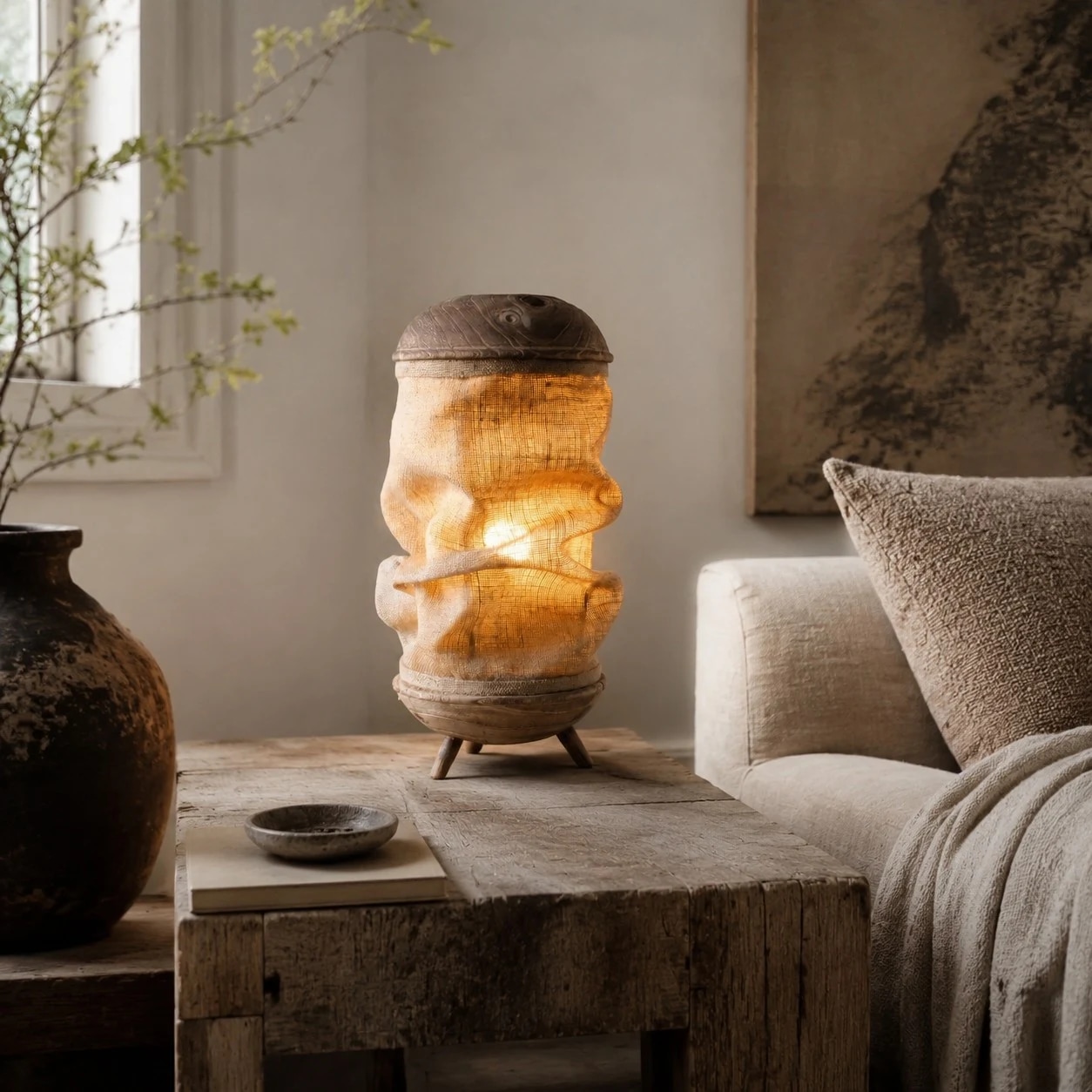 Bedroom styling scene with gathered linen style