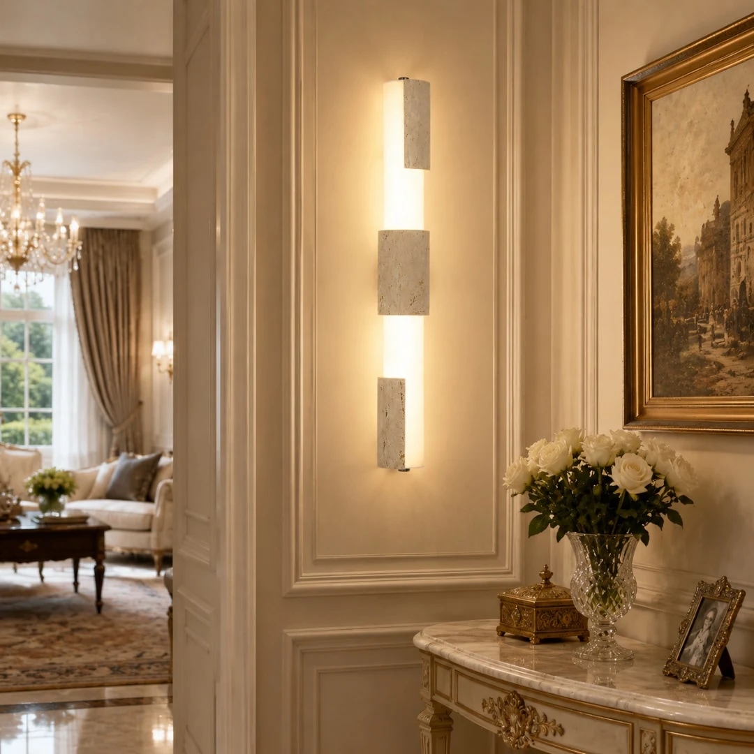 Yellow travertine acrylic wall lamps installed as a vertical pair on paneled wall
