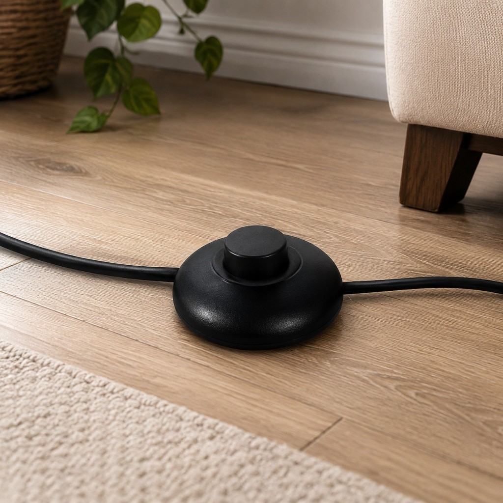 Black floor switch on lamp cord detail