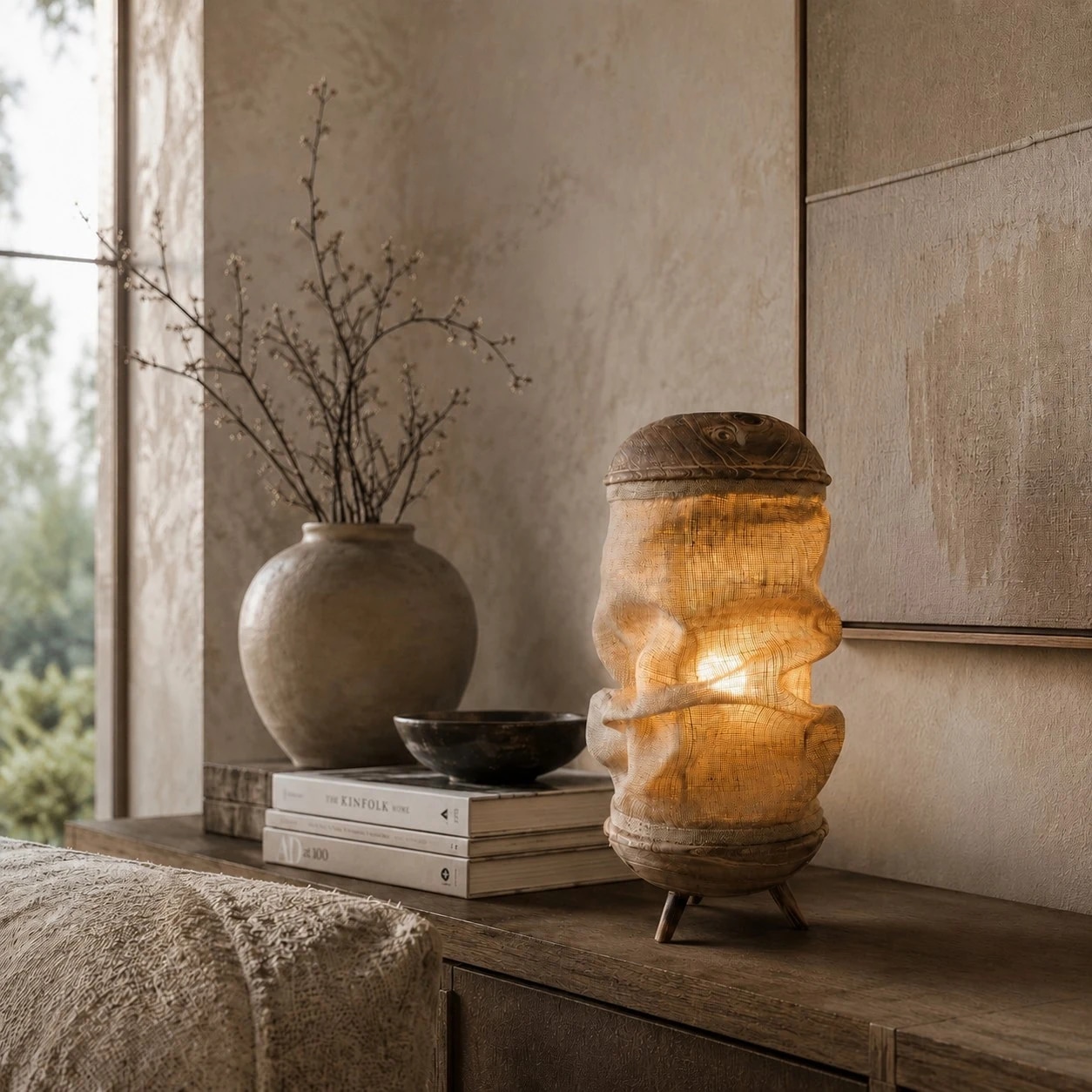 Console styling scene with gathered linen style