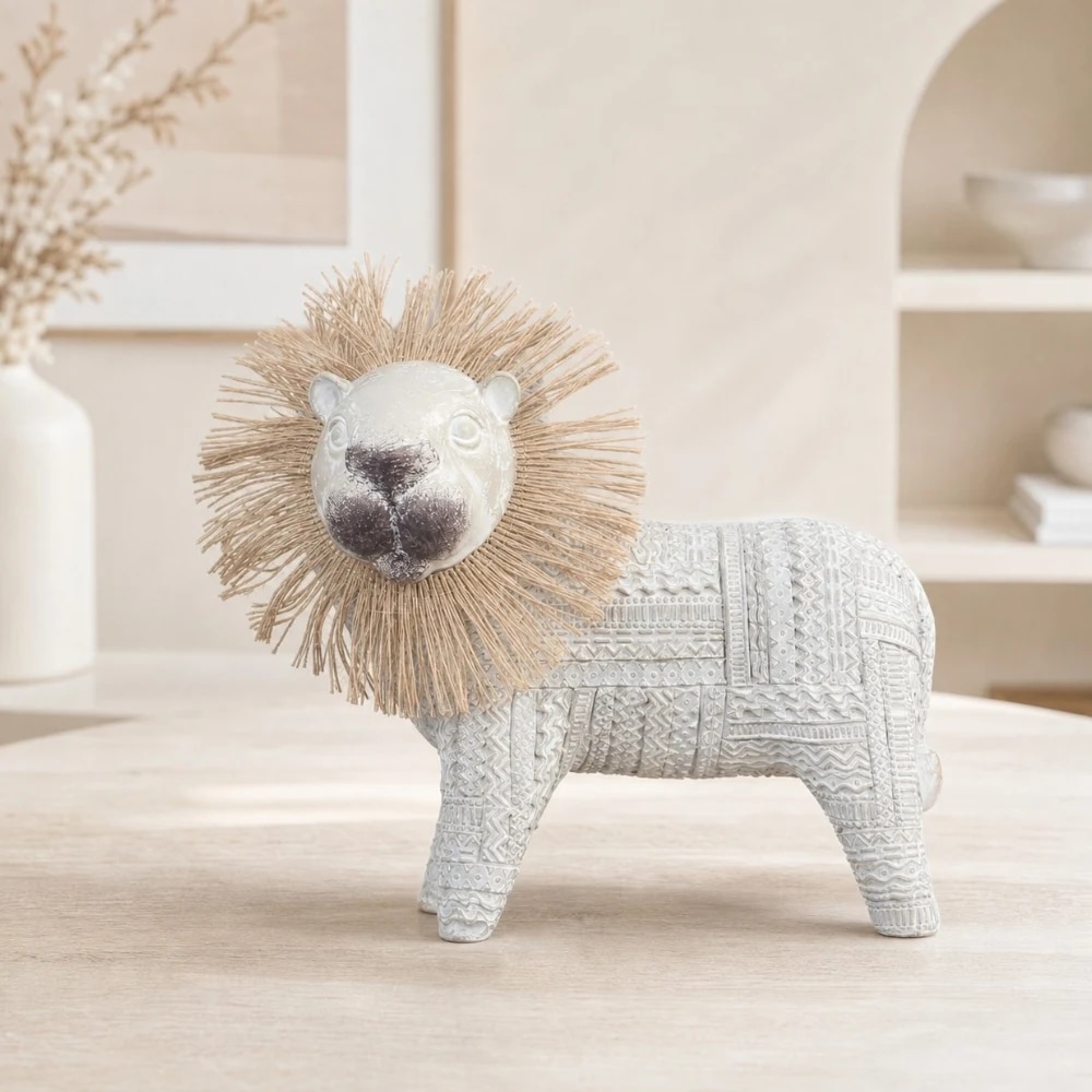 Resin lion ornament styled on a neutral tabletop shelf