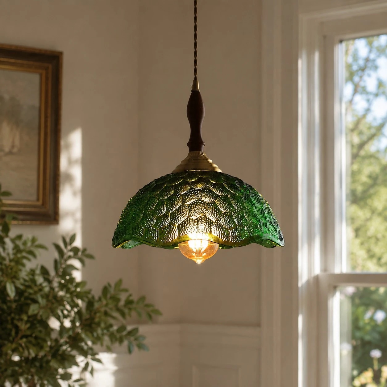 Green glass pendant by windows