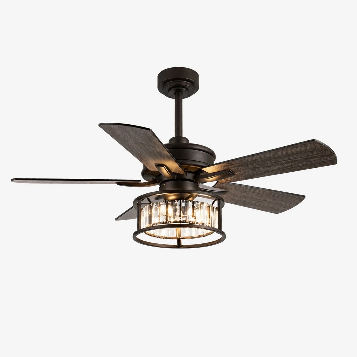 Black ceiling fan light with K9 crystal cage, 132 cm / 52″
