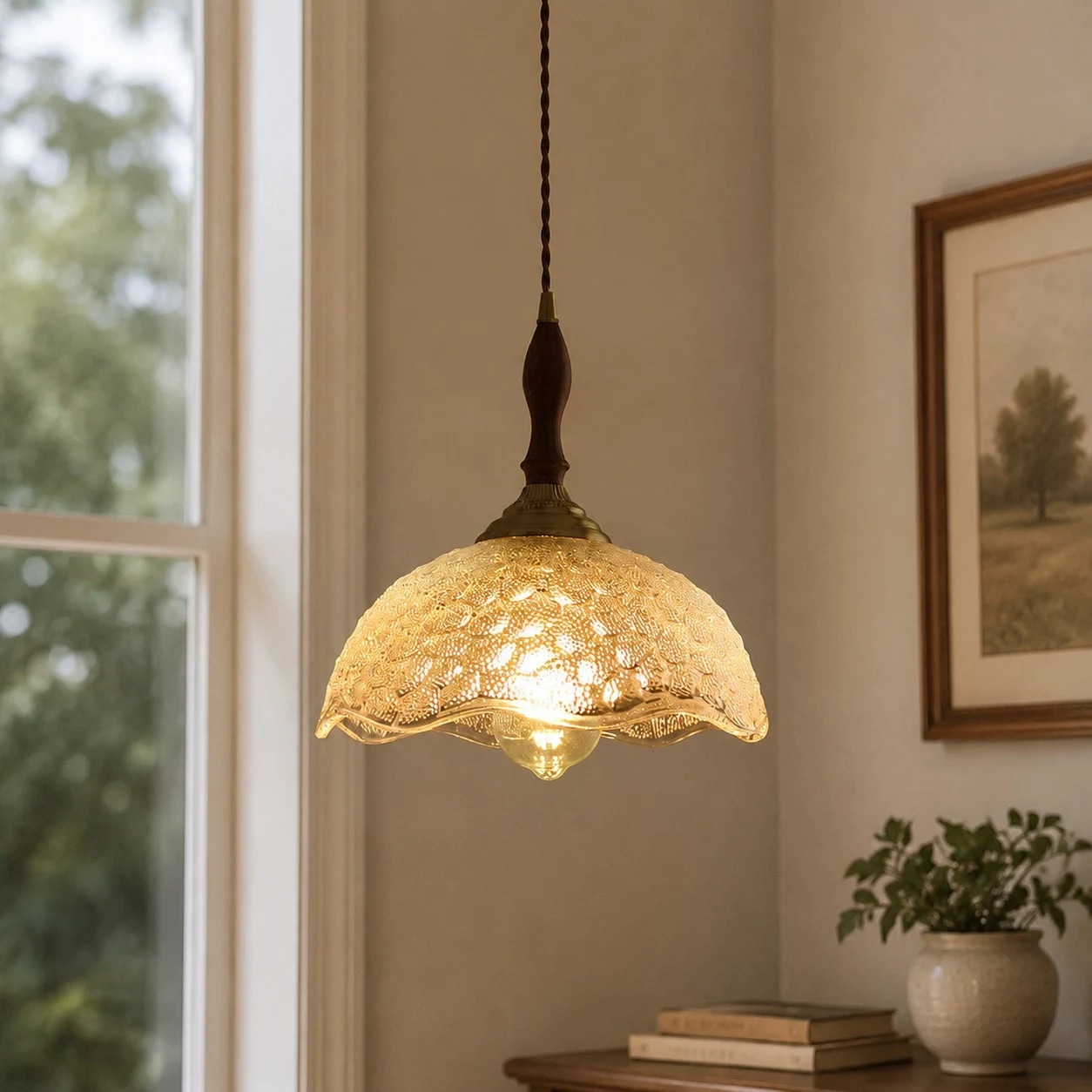Clear glass pendant light in room