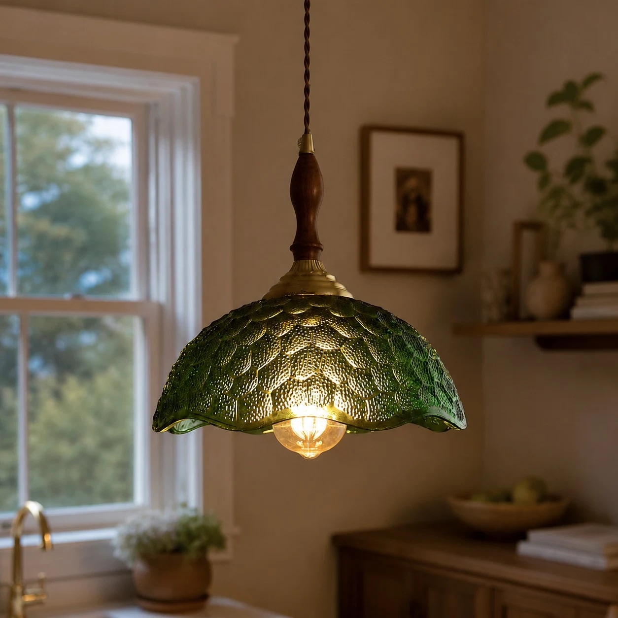 Green pendant over warm interior corner
