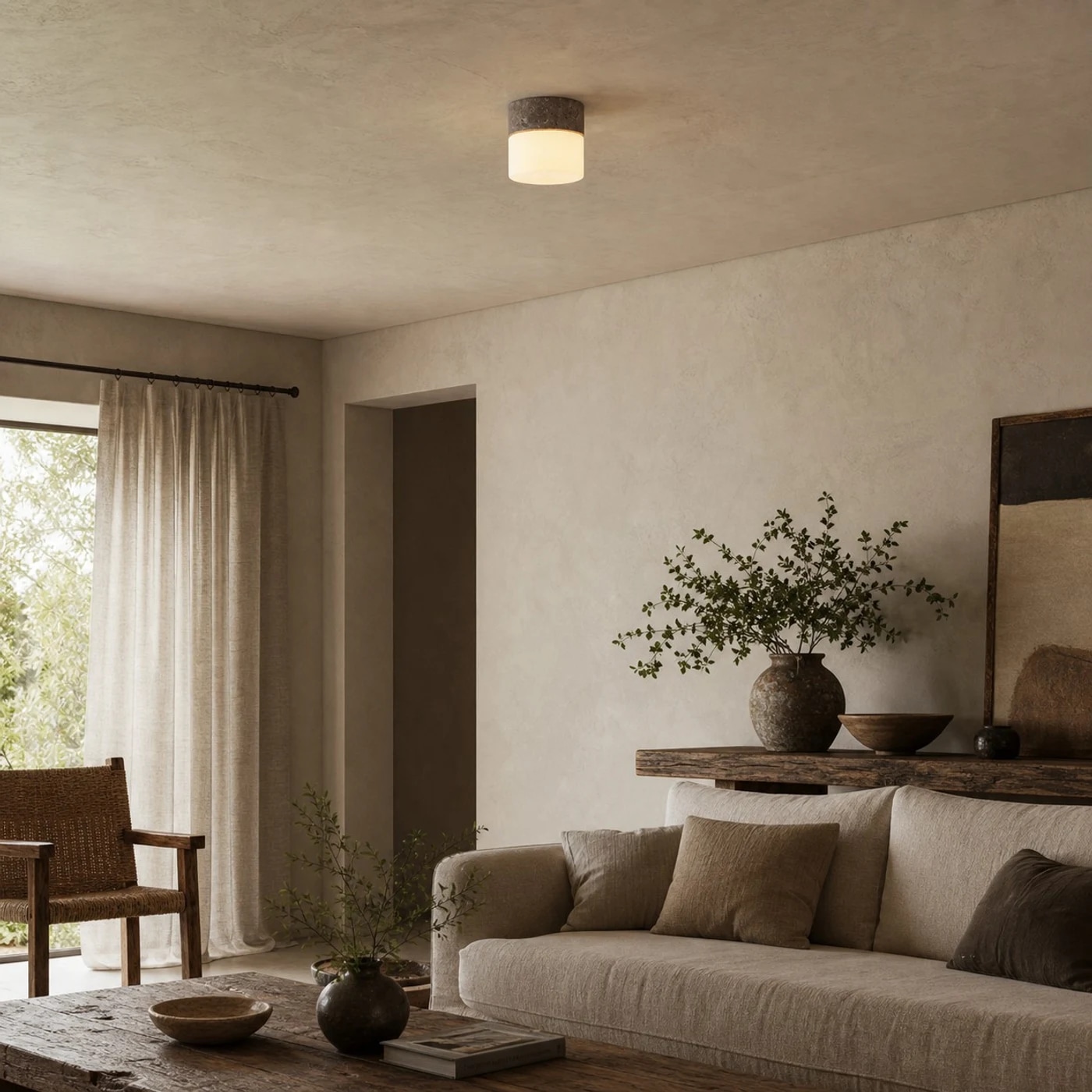 Small travertine ceiling light installed in a calm living room