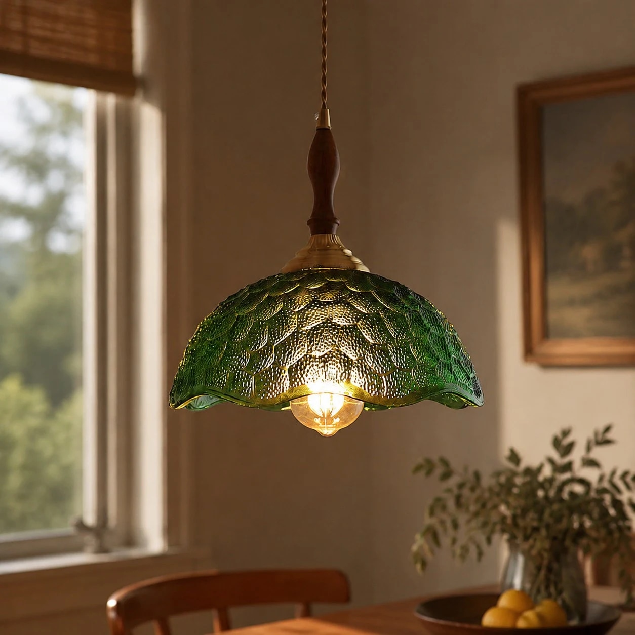 Green scalloped glass pendant light