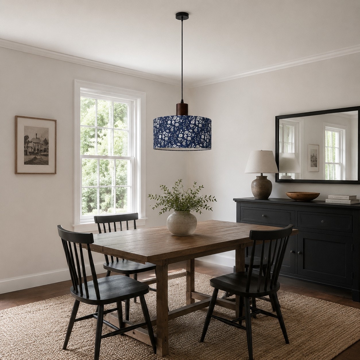 Blue floral fabric pendant light in a bright dining room