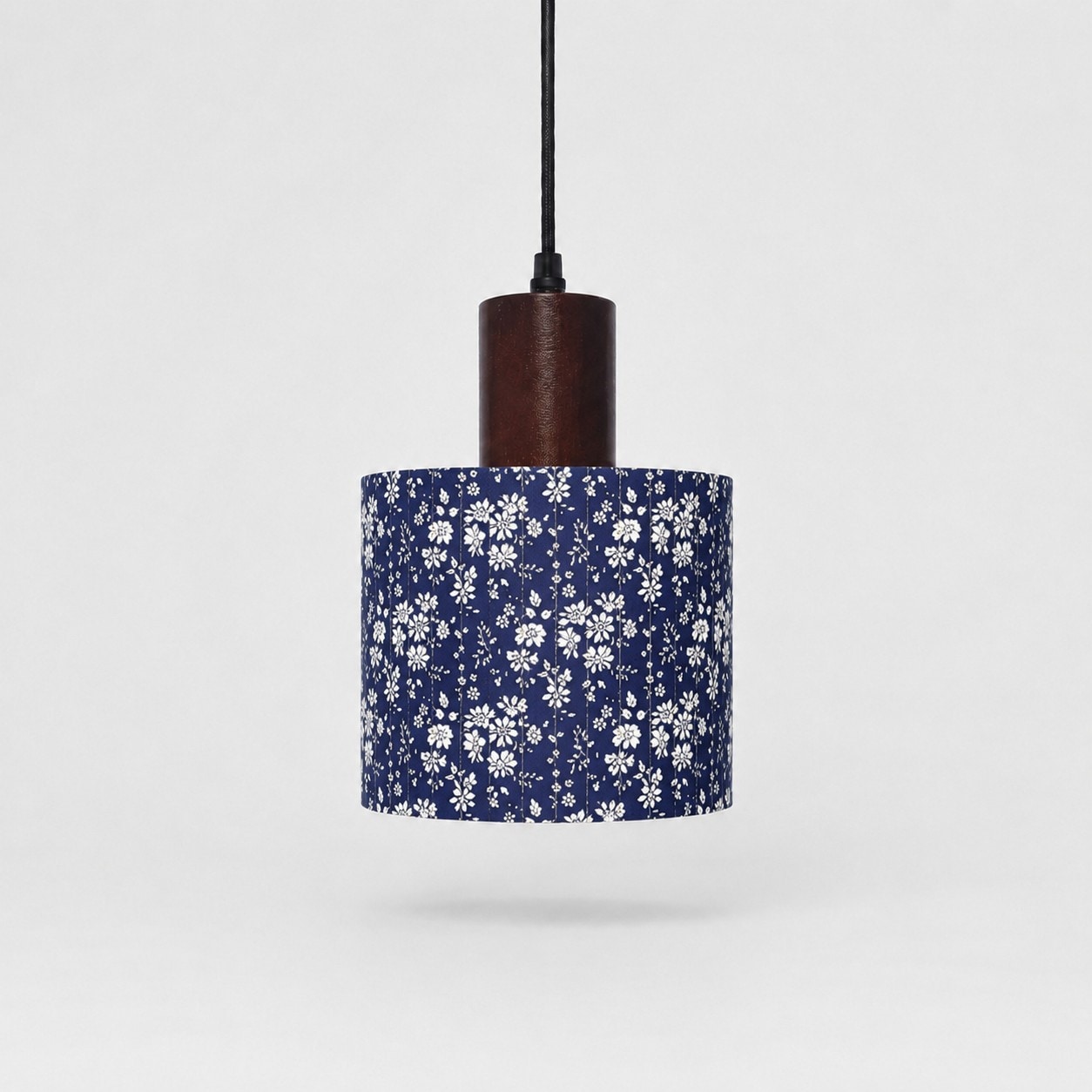 Blue floral patterned fabric drum pendant light, 16 cm shade
