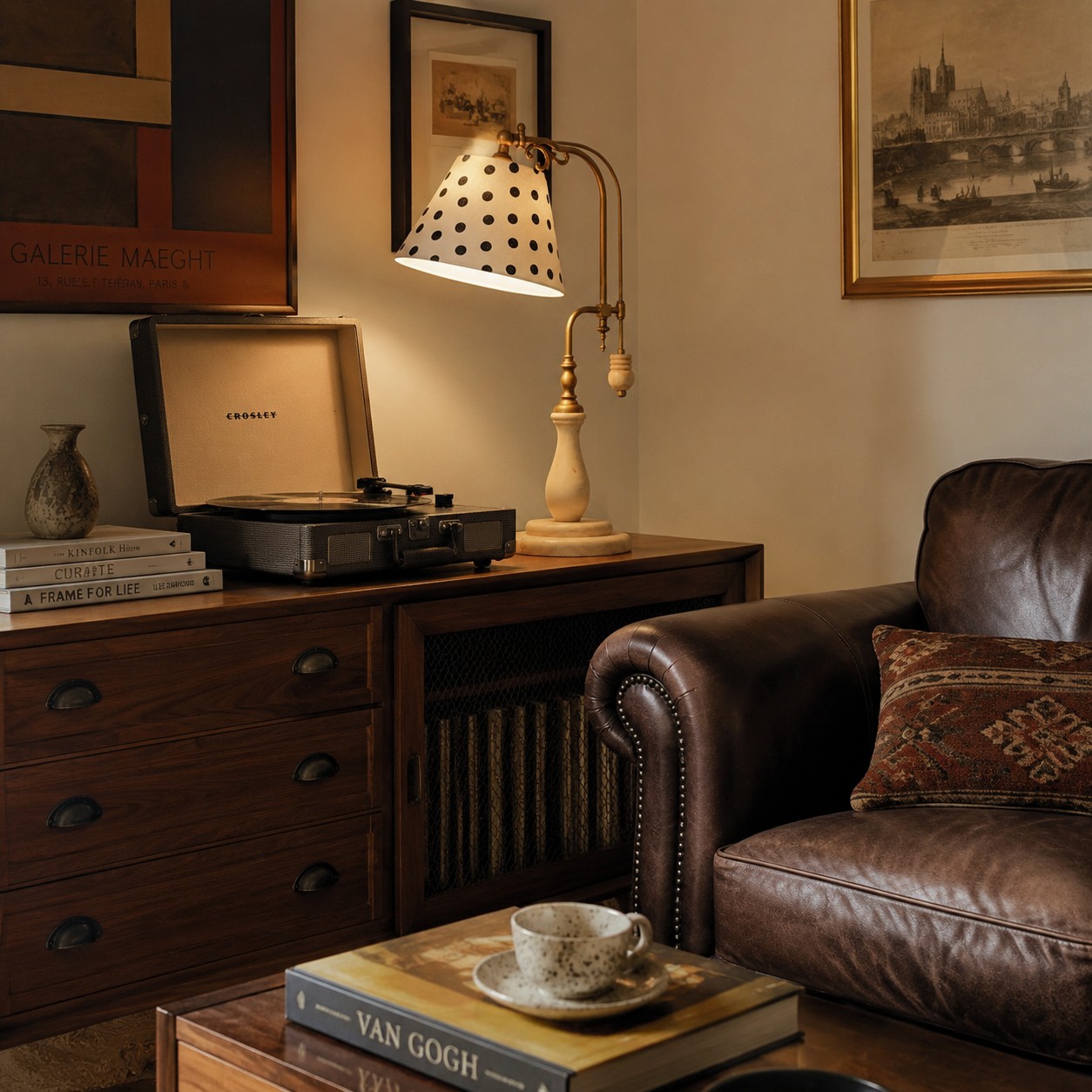 Beige Fabric vintage wood and brass-tone table lamp
