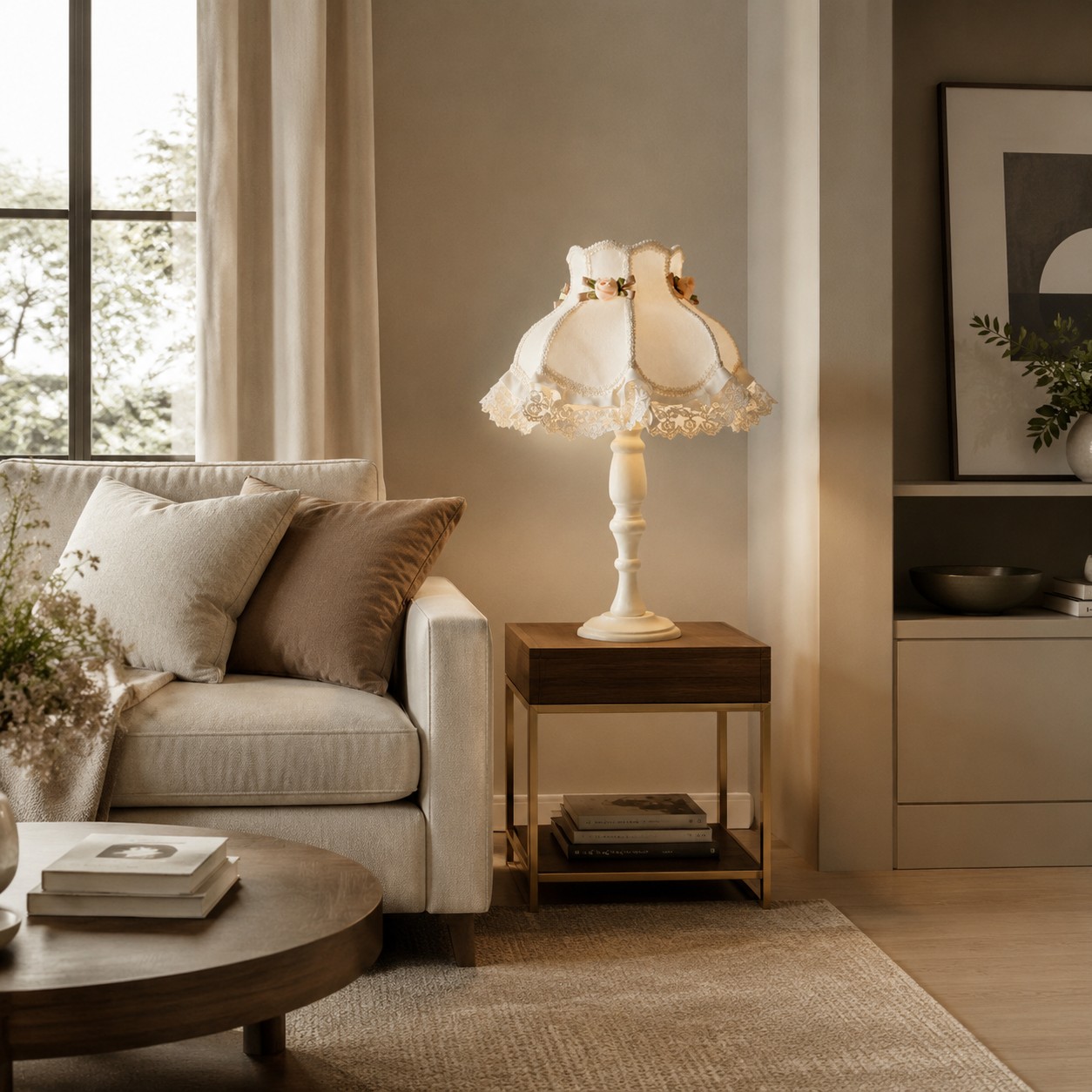 Ivory lace table lamp beside a sofa and window