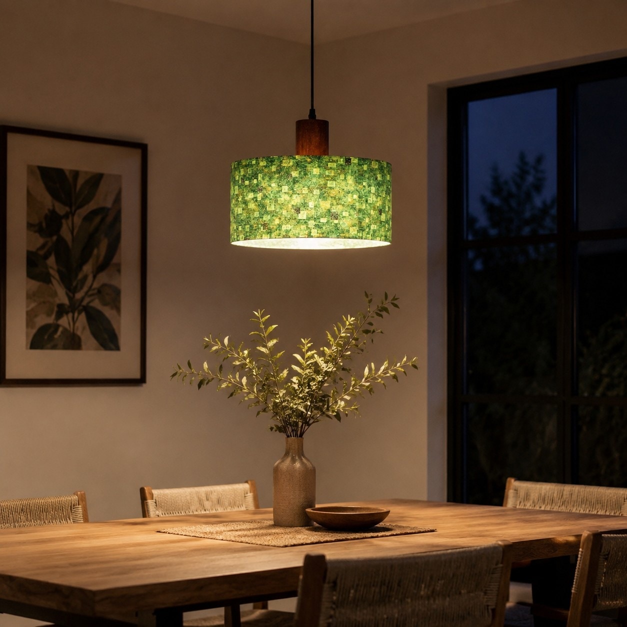 Green patterned fabric pendant light above a kitchen table