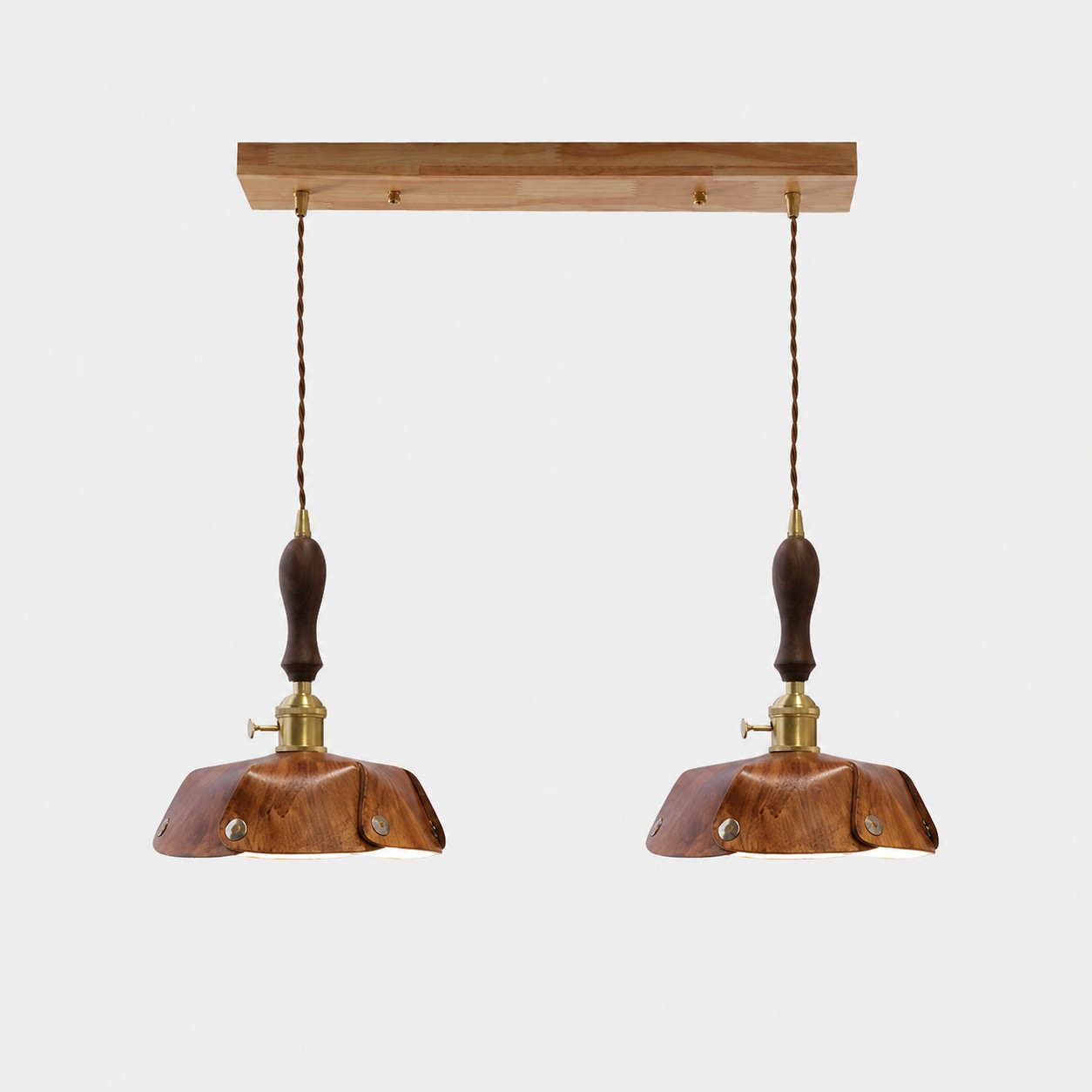 2-Light Linear Pendant Vintage Brown Leather Bar 50 cm / 19.7 in; Shade Dia. 30 cm / 11.8 in